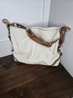Coach Cream Leather Shoulder Bag with Brown Trim